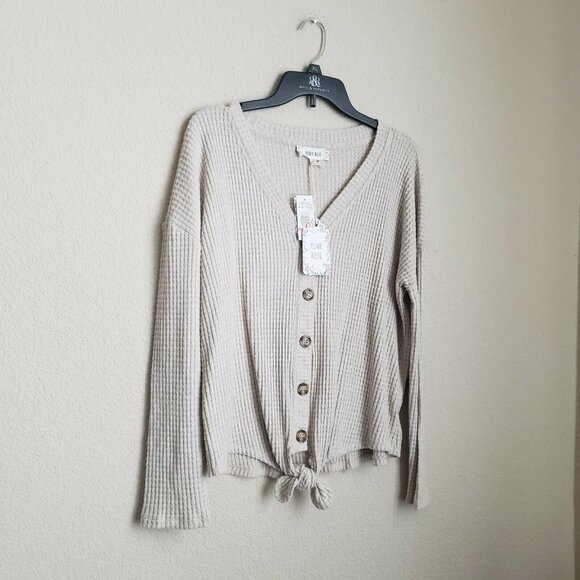 NWT Pink Rose Women's Cardigan‎ V-Neck Waffle Knit Long Sleeves Tie Knot XL - Picture 2 of 14